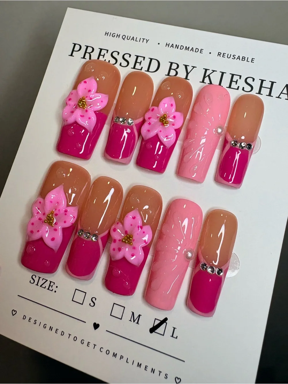 Handmade Pink Floral Press-On Nails